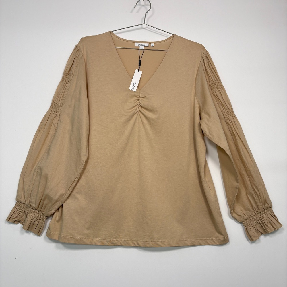 Chico's Women Knit Top 4 XXL Wild Truffle Smocked Sleeve Detail V-Neck 570382946
